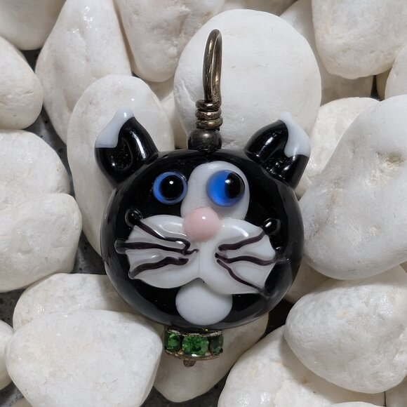 Vintage 90s Handmade Glass Lampwork Bead - Murano Glass - Black Cat - Picture 1 of 4